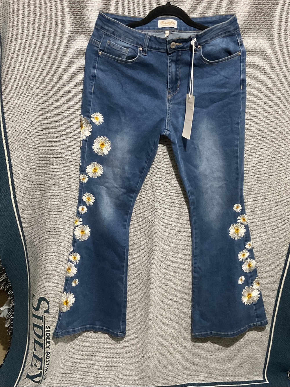 BAMBOO Blue Flare Jeans with White & Yellow Daisy Embroidery